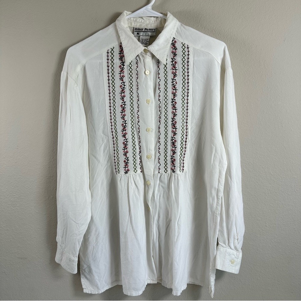Vintage Gina Peters Medium White Blouse Embroidered Floral Boho‎ Peasant Top